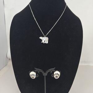 Polar Bear Women's Necklace & Bear Paws Pierced Earring Set Abalone On Resin